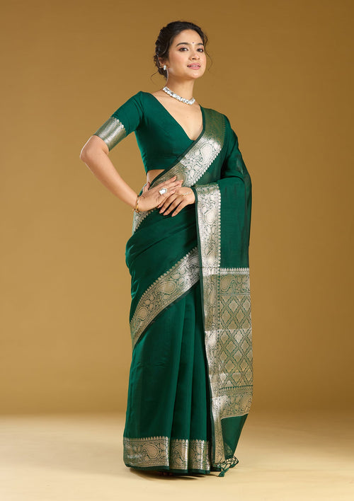 Bottle Green Zariwork (Gold) Cotton Silk Saree