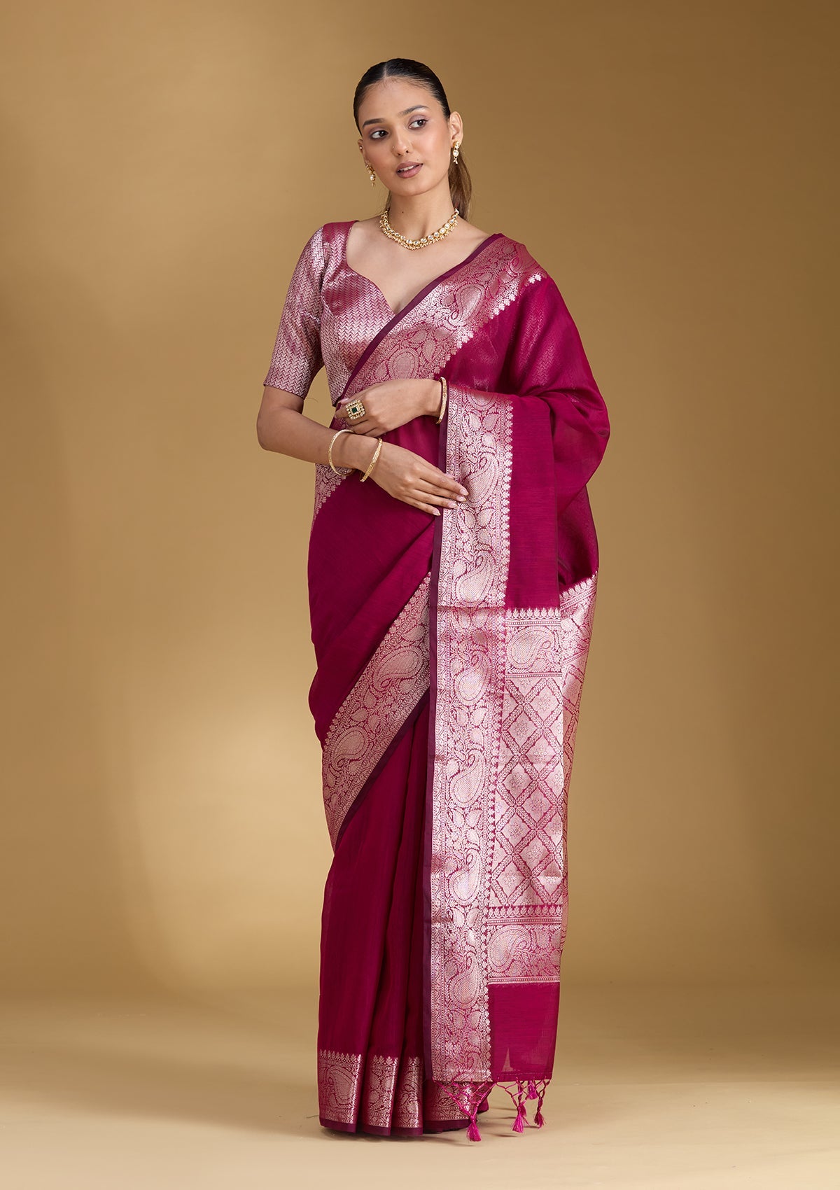Magenta Pink Zariwork (Gold) Cotton Silk Saree