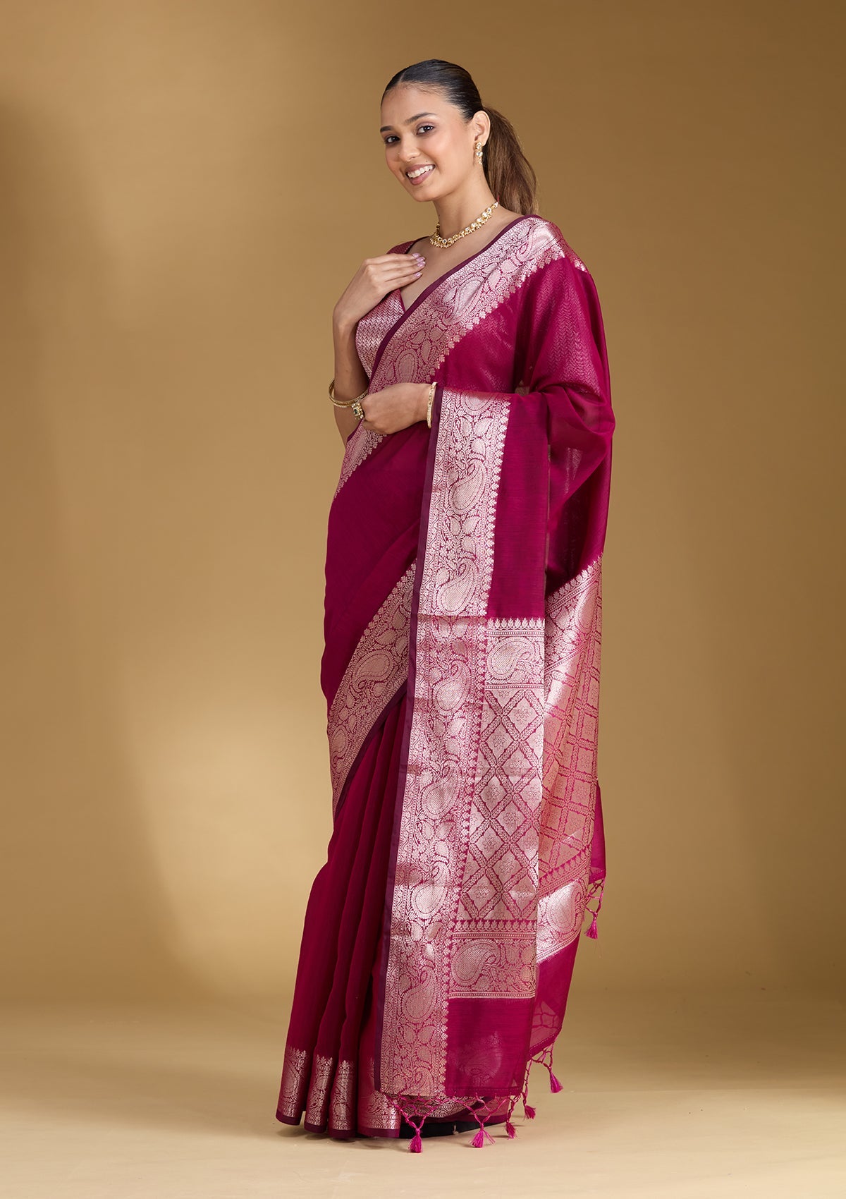 Magenta Pink Zariwork (Gold) Cotton Silk Saree