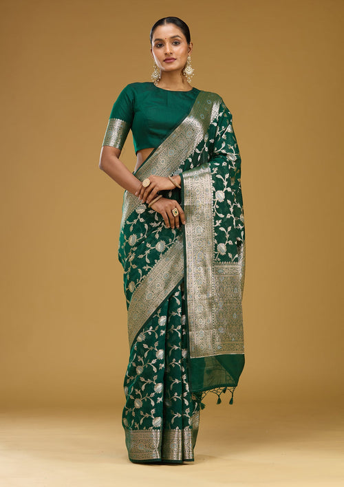 Bottle Green Zariwork Cotton Silk Saree