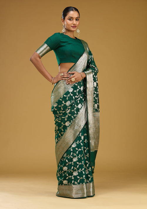 Bottle Green Zariwork Cotton Silk Saree