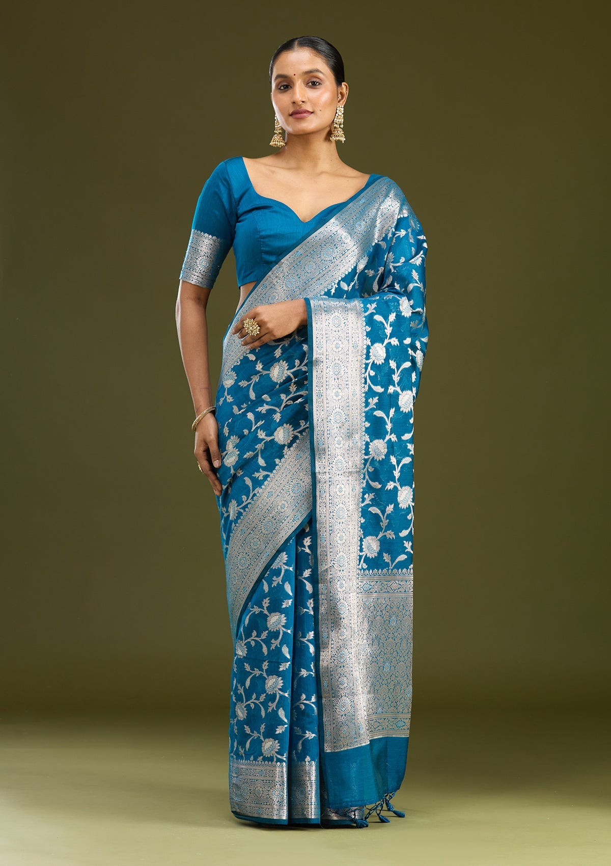 Peacock Blue Zariwork Cotton Silk Saree