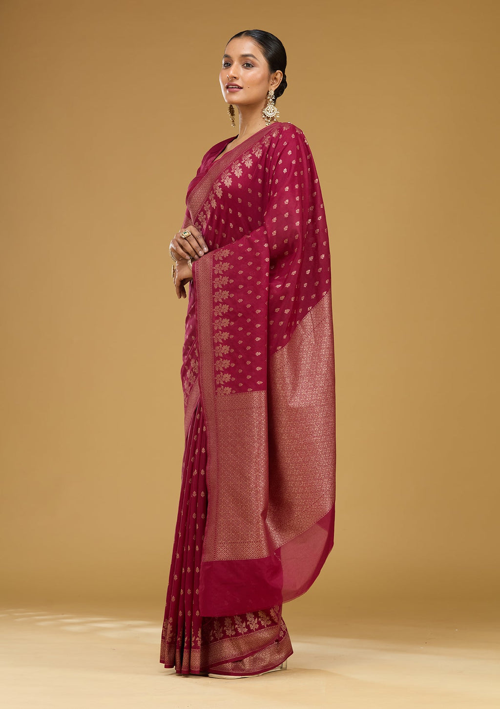 Wine Zariwork (Gold) Georgette Silk Saree