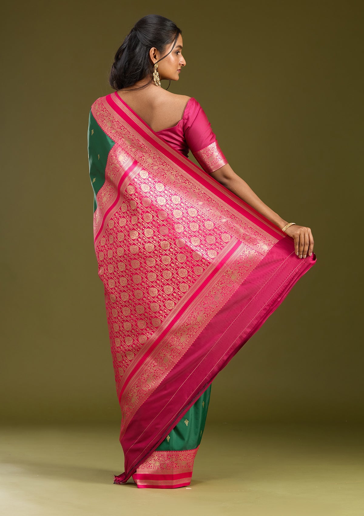 Bottle Green Zariwork (Gold) Silk Saree