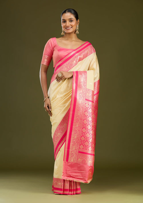 Cream Zariwork (Gold) Silk Saree