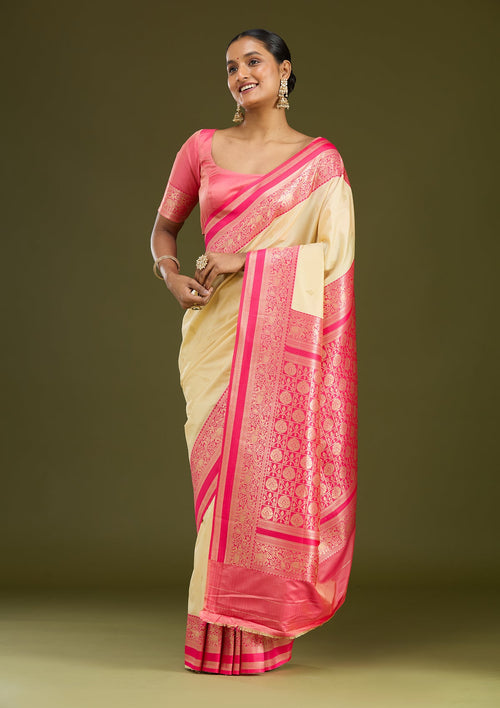 Cream Zariwork (Gold) Silk Saree