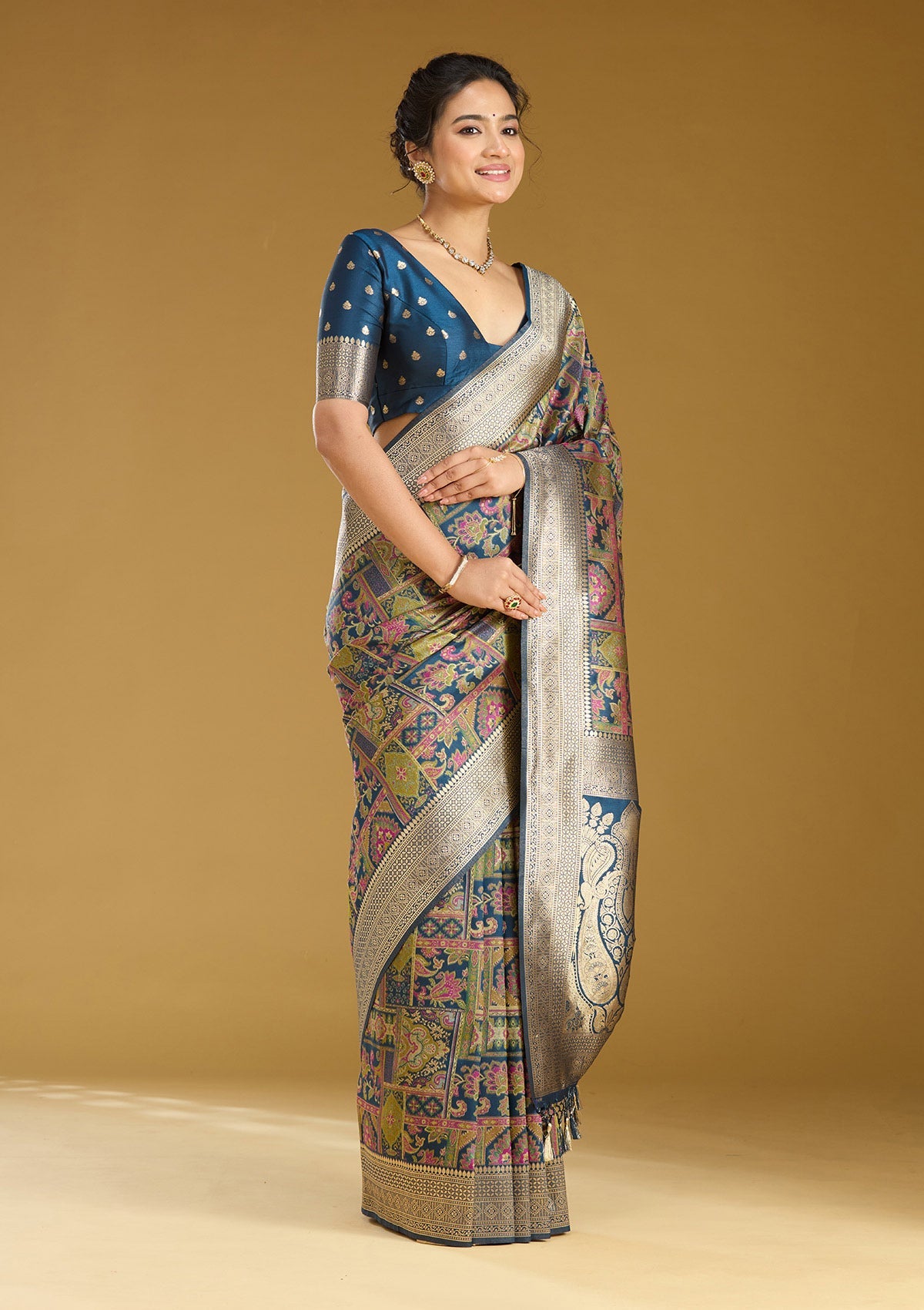 Peacock Blue Zariwork (Silver) Art Silk Saree