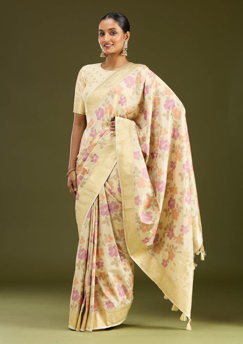 Cream Printed Silk Saree