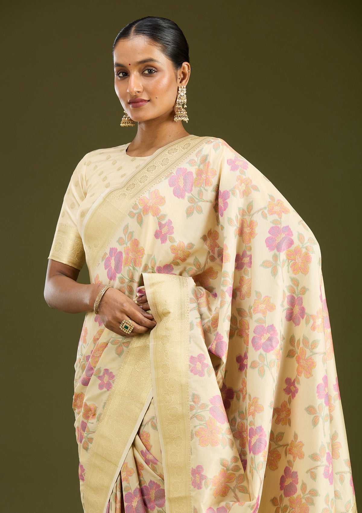 Cream Printed Silk Saree