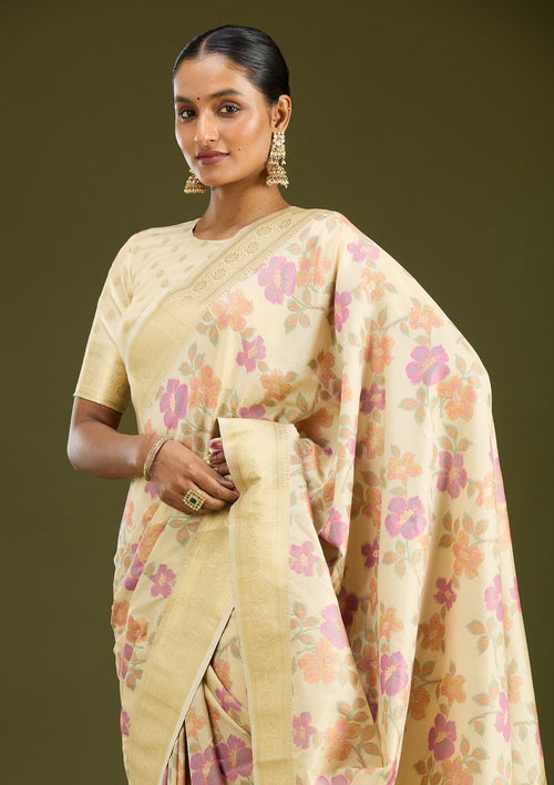 Cream Printed Silk Saree