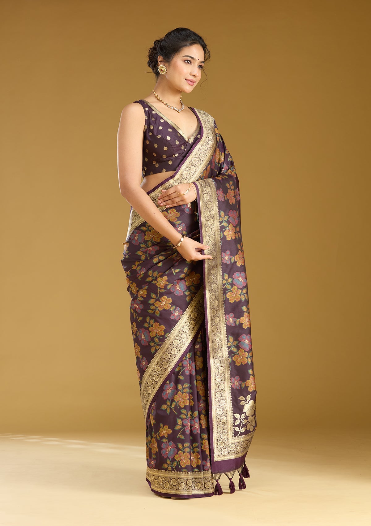 Wine Zariwork (Gold) Art Silk Saree