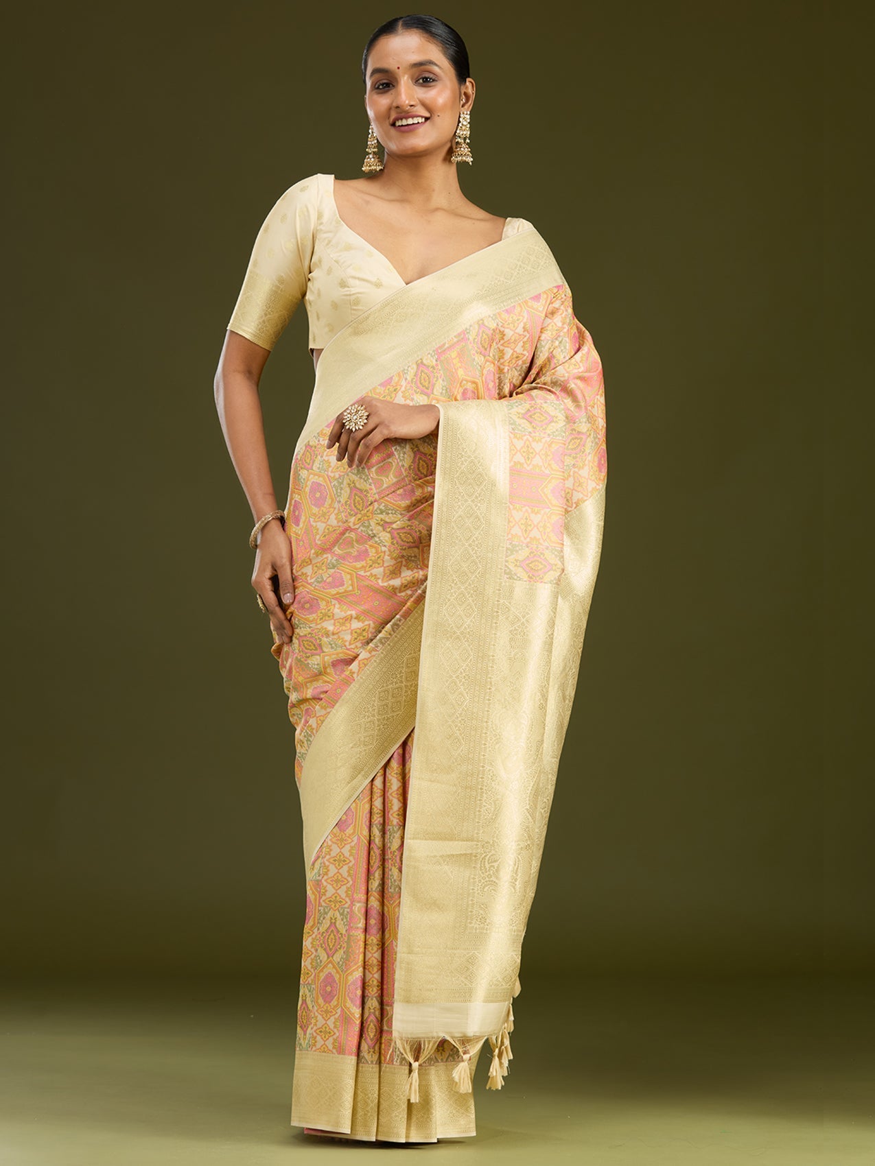 Cream Printed Silk Saree