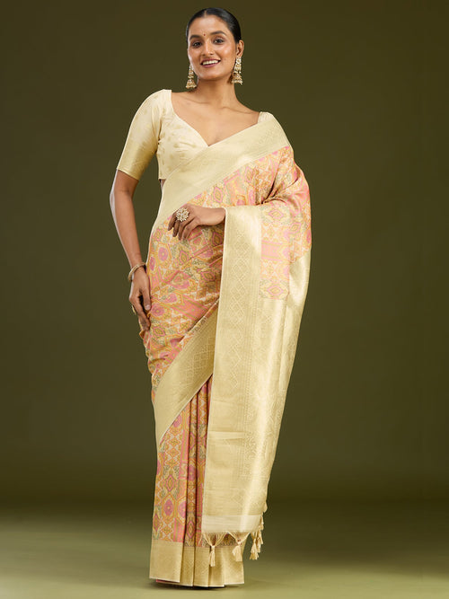 Cream Printed Silk Saree