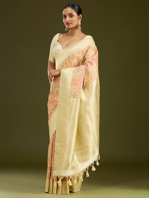 Cream Printed Silk Saree