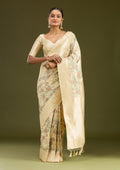 Cream Printed Silk Saree