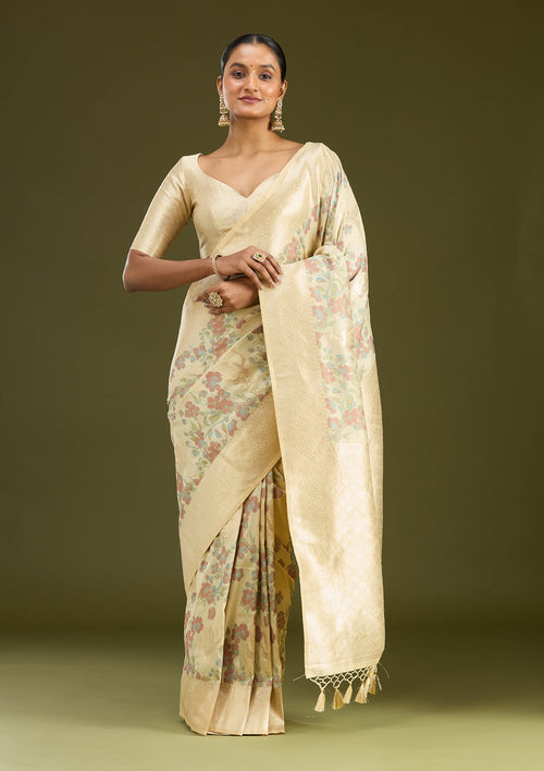 Cream Printed Silk Saree