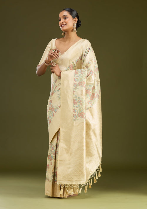 Cream Printed Silk Saree