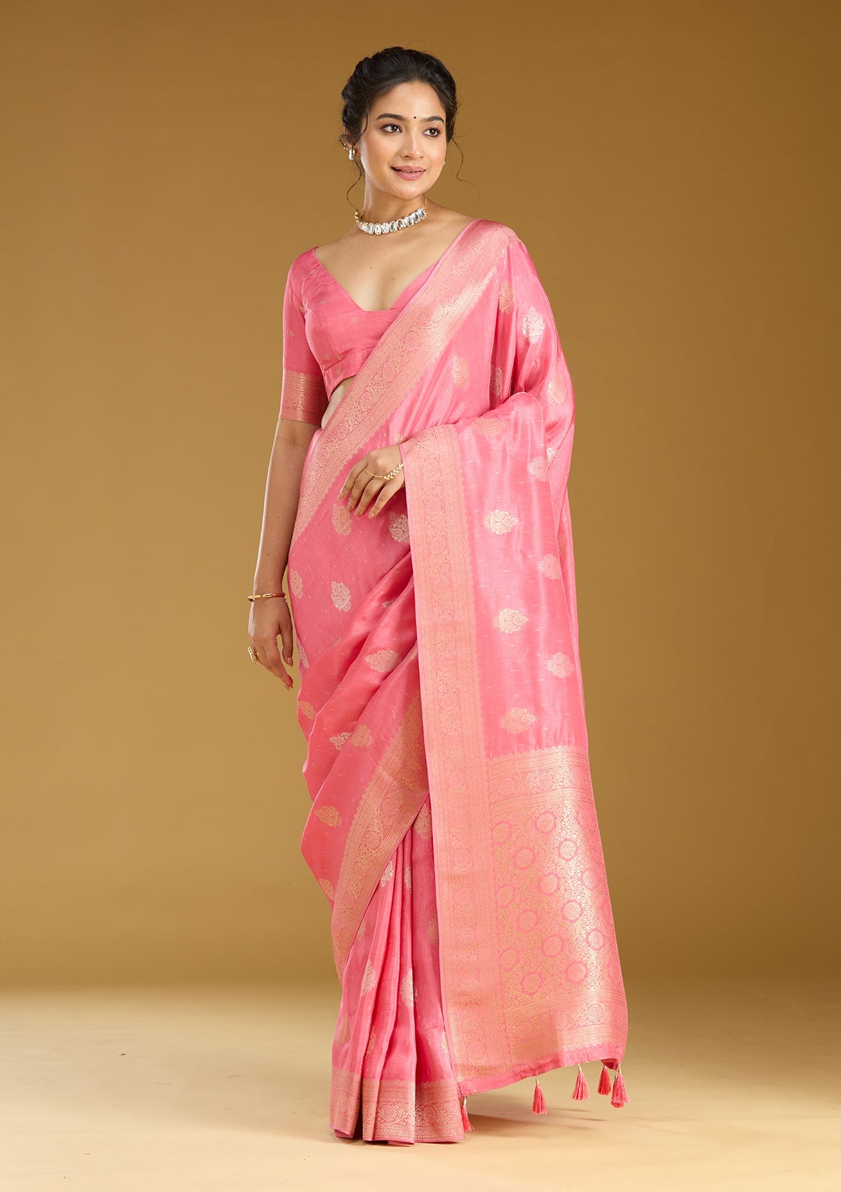 Pink Zariwork (Gold) Silk Saree