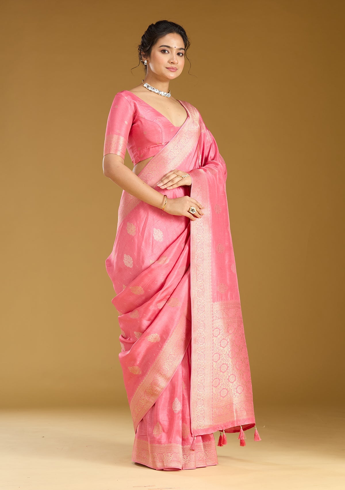 Pink Zariwork (Gold) Silk Saree
