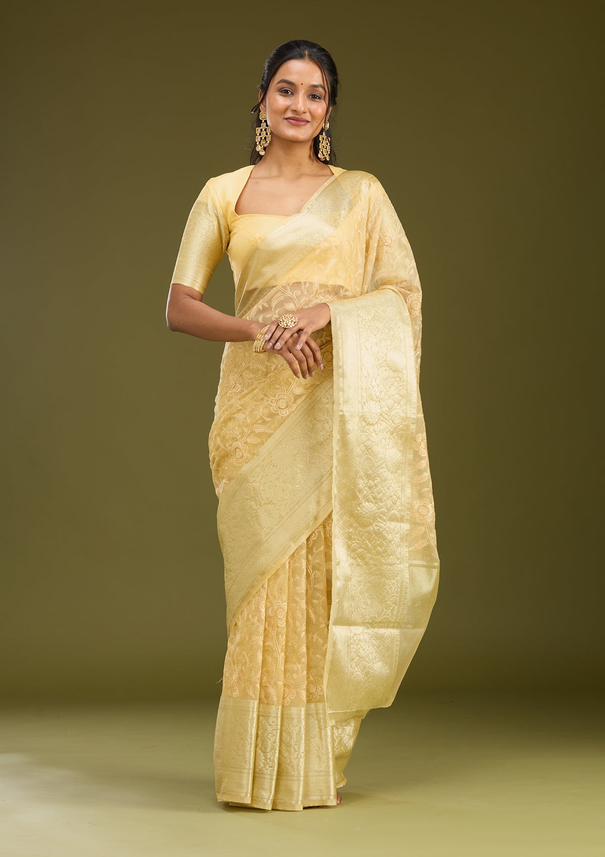 Beige Zariwork (Gold) Tissue Silk Saree