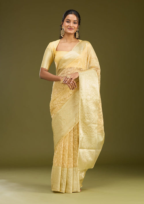 Beige Zariwork (Gold) Tissue Silk Saree