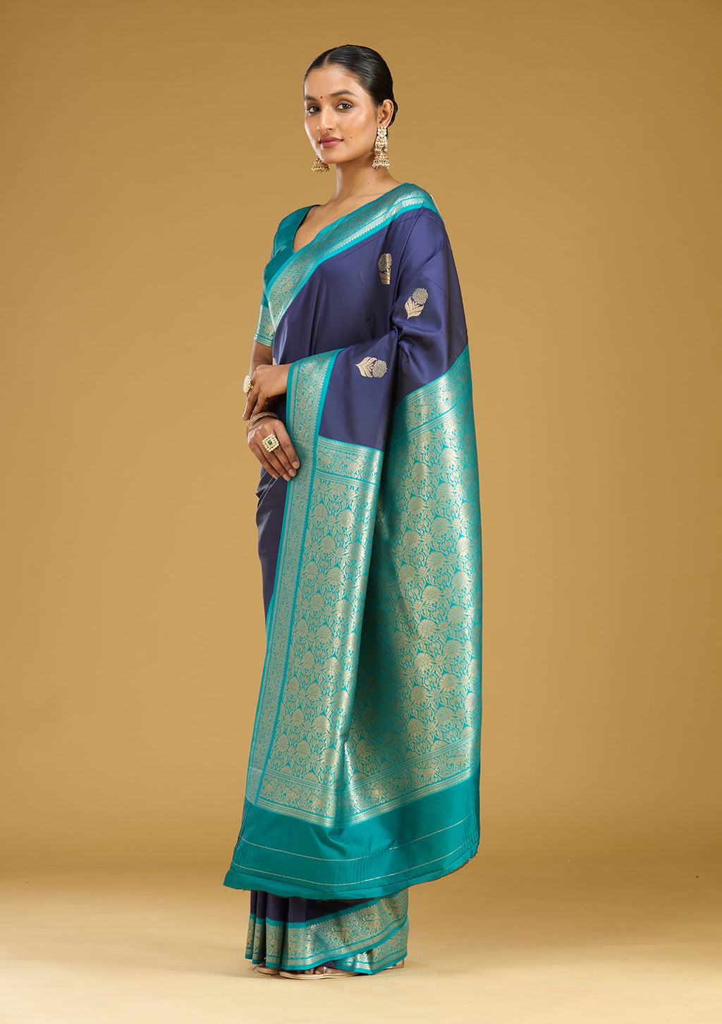 Navy Blue Zariwork (Gold) Silk Saree