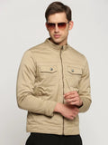 Men's Beige Mock Collar Solid Tailored Jacket