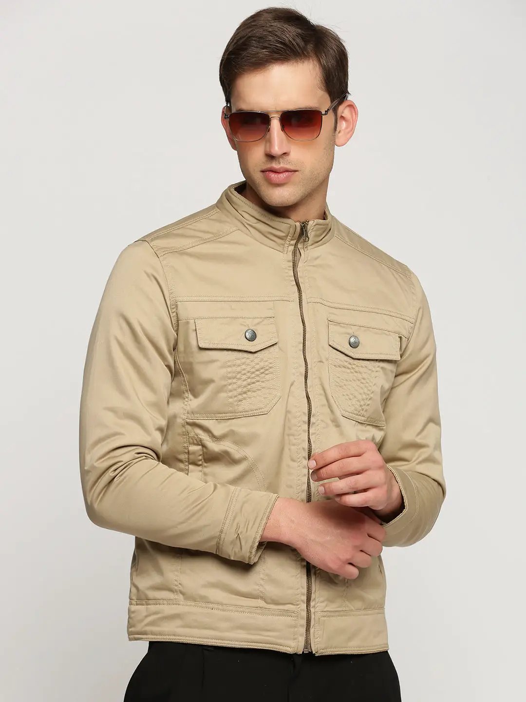 Men's Beige Mock Collar Solid Tailored Jacket