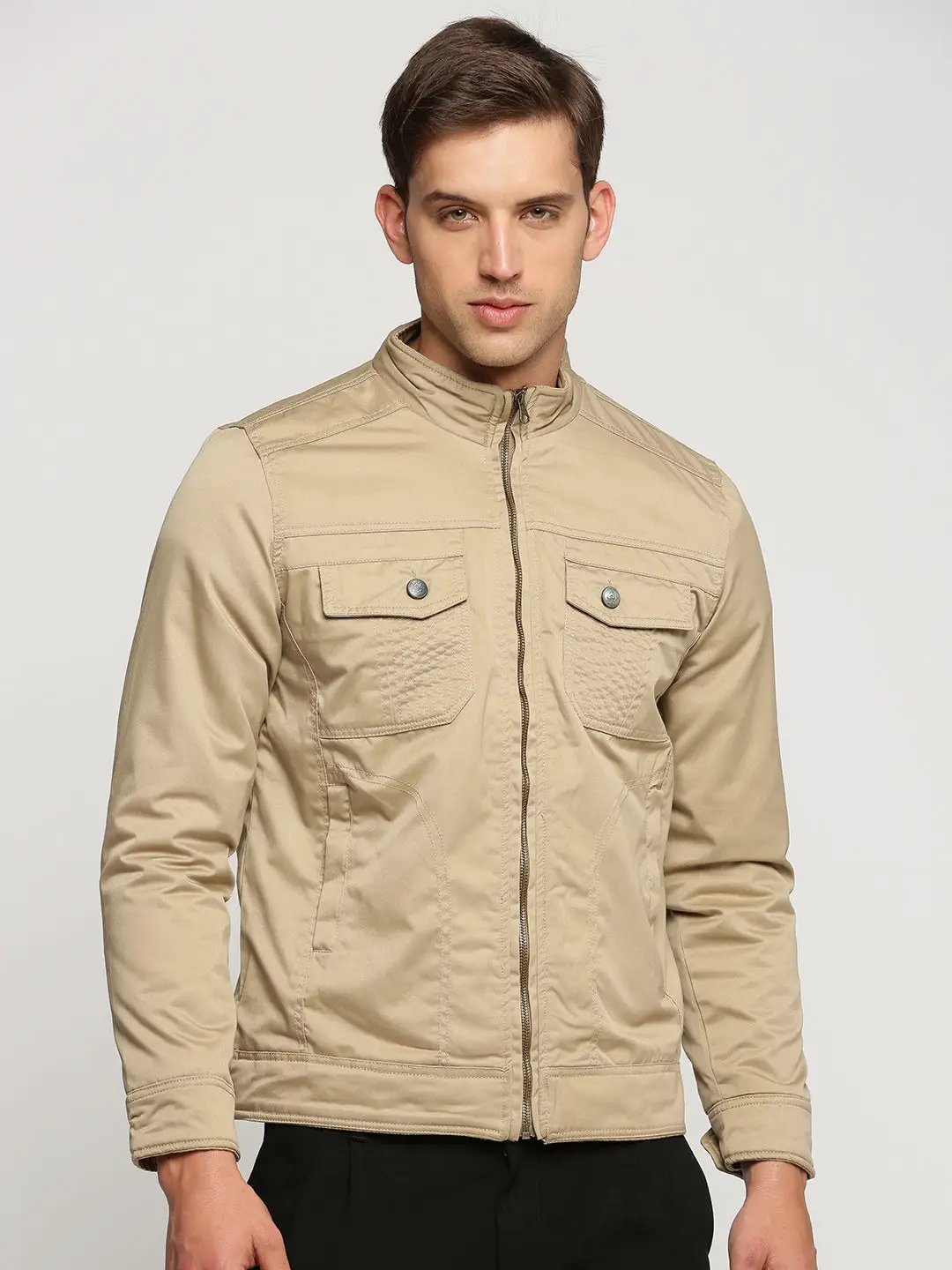 Men's Beige Mock Collar Solid Tailored Jacket
