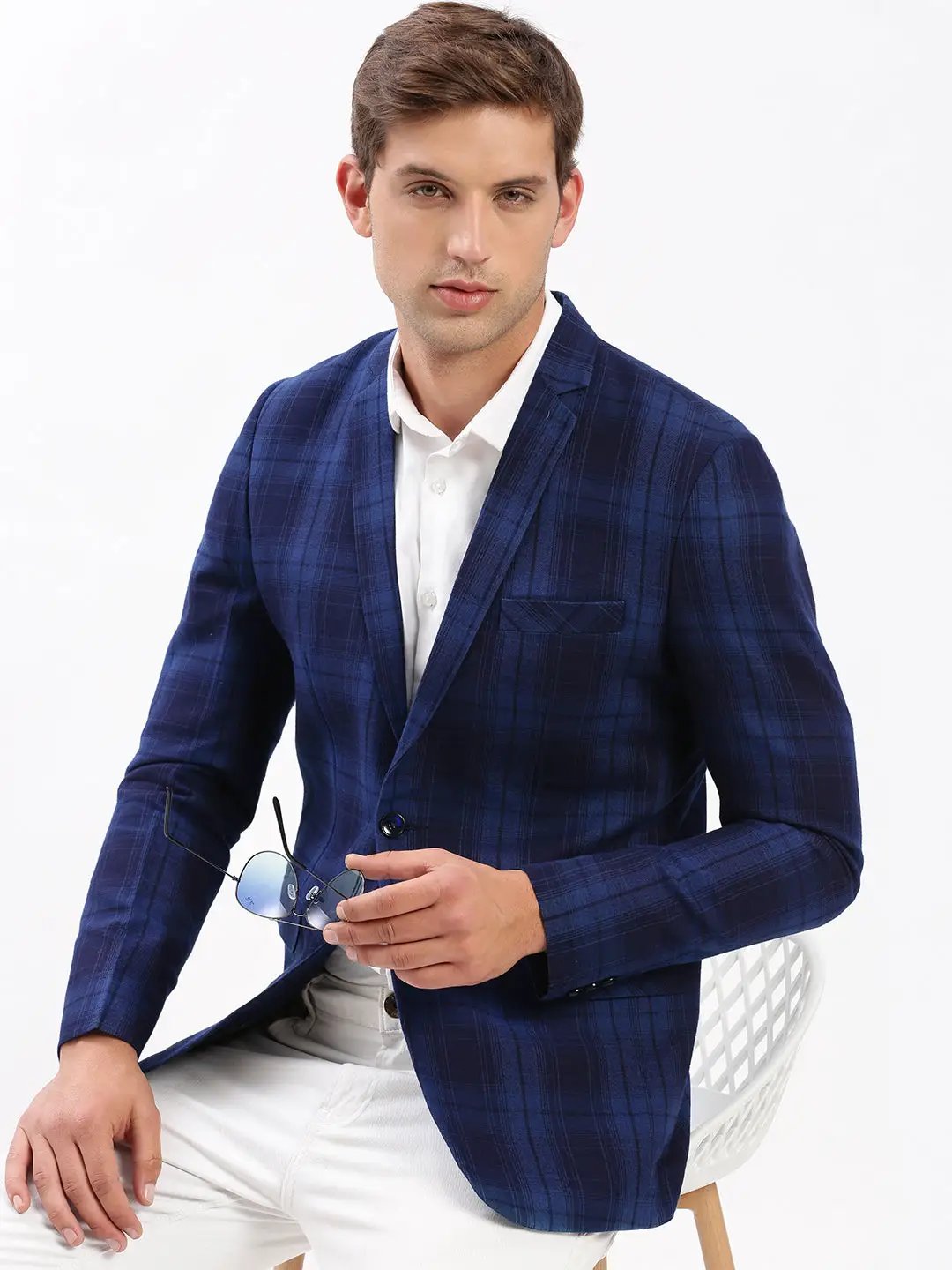 Men's Notched Lapel Checked Navy Blue Blazer