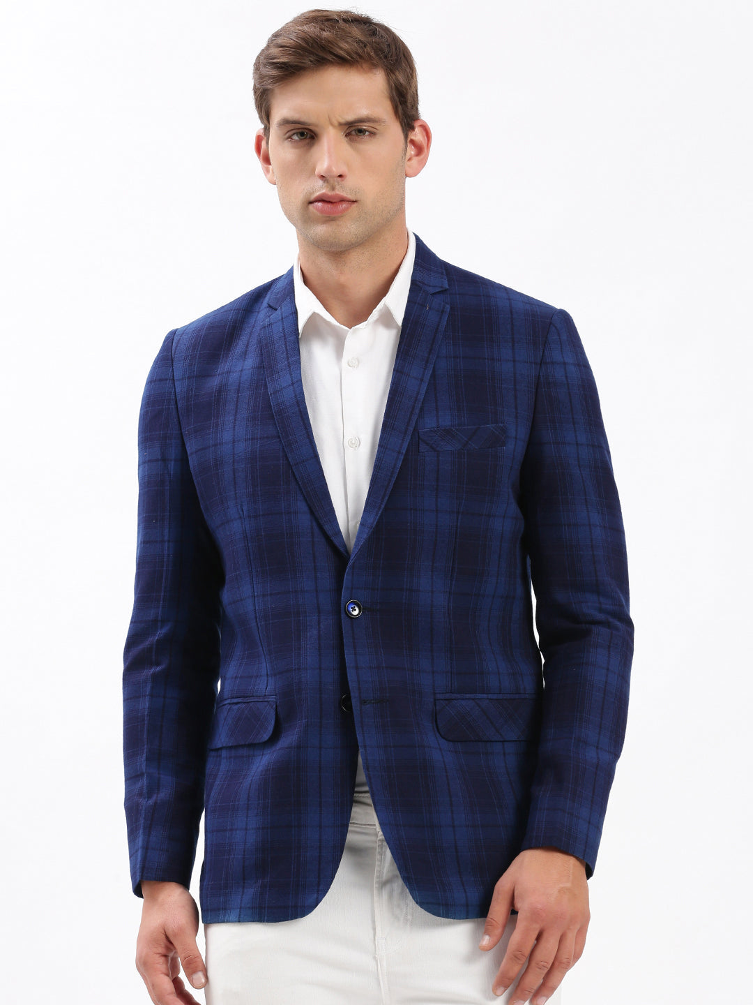 Men's Notched Lapel Checked Navy Blue Blazer