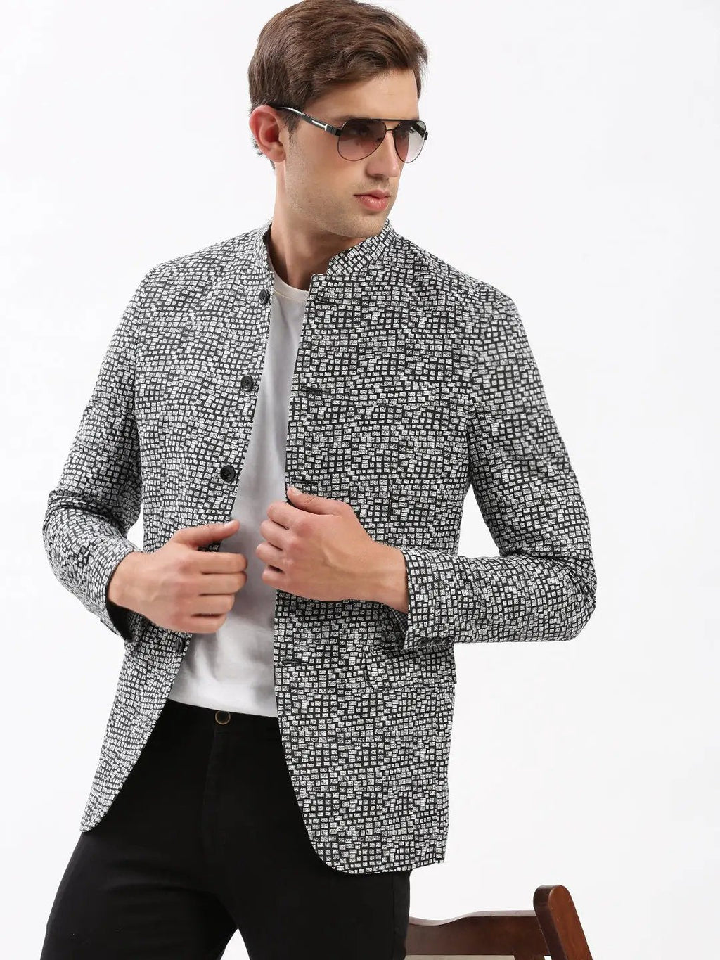 Men's Mandarin Collar Printed Black Blazer