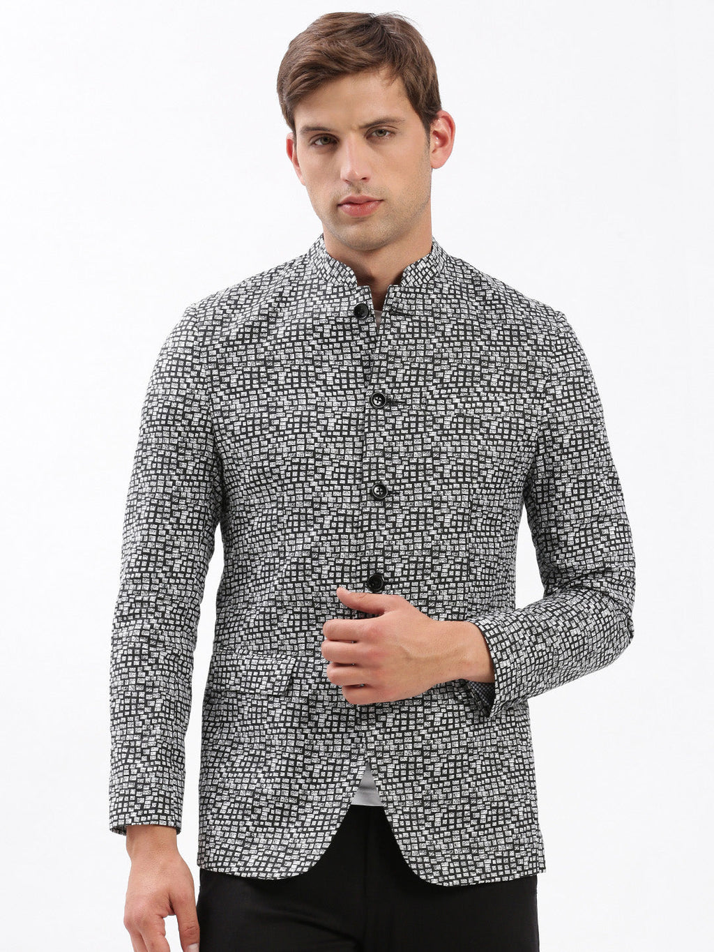 Men's Mandarin Collar Printed Black Blazer