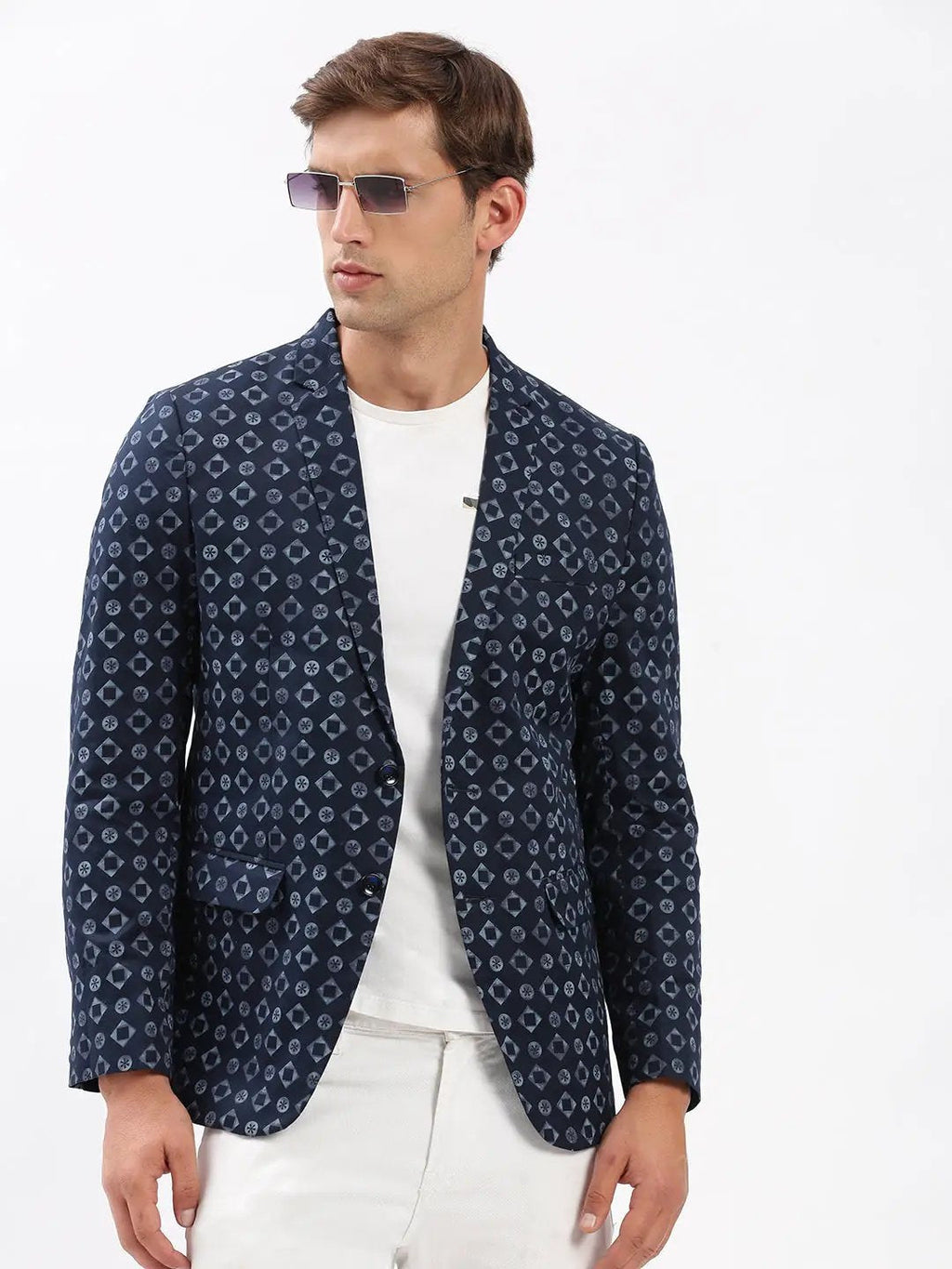 Men's Navy Blue Printed Slim Fit Notched Lapel Single-Breasted Casual Blazer