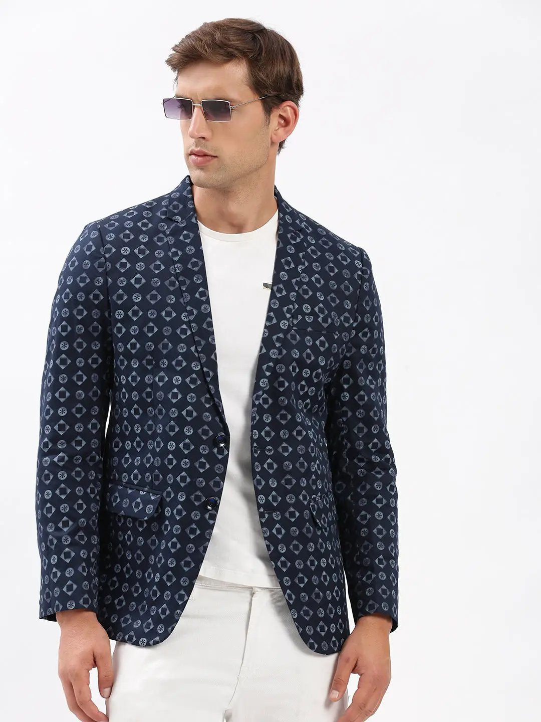 Men's Navy Blue Printed Slim Fit Notched Lapel Single-Breasted Casual Blazer