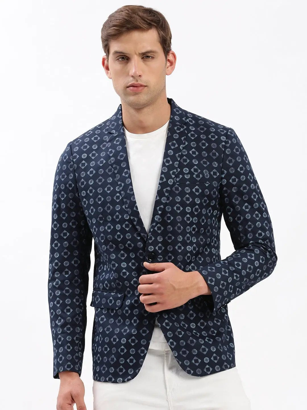 Men's Navy Blue Printed Slim Fit Notched Lapel Single-Breasted Casual Blazer