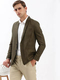 Men's Notched Lapel Self Design Olive Blazer