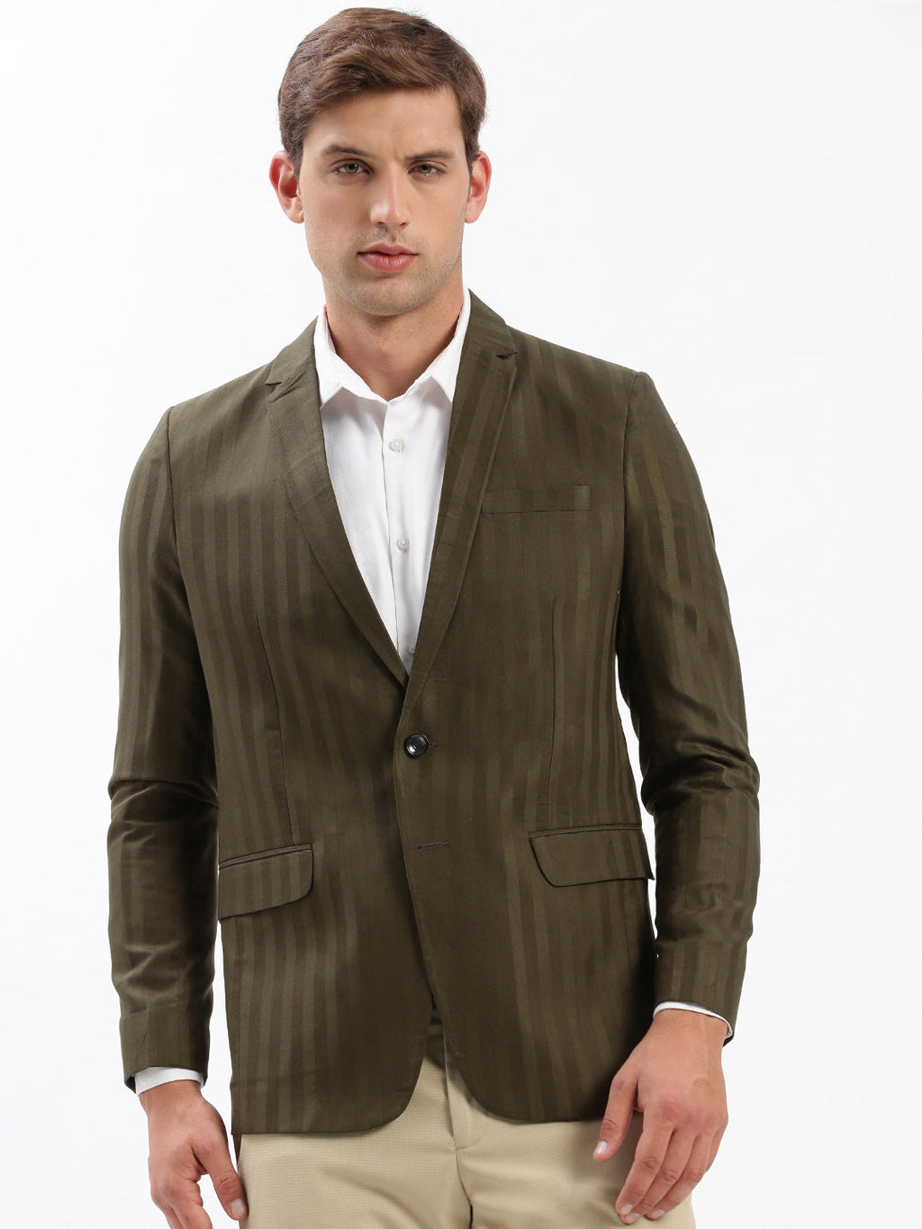 Men's Notched Lapel Self Design Olive Blazer