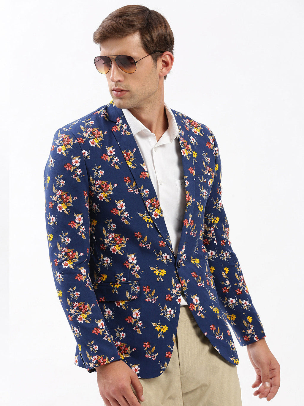 Men's Navy Blue Slim-Fit Floral Printed Chambray Notched Lapel Single Breasted Blazer