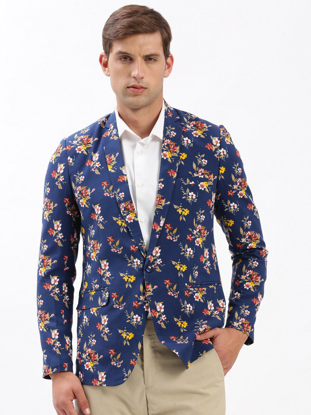 Men's Navy Blue Slim-Fit Floral Printed Chambray Notched Lapel Single Breasted Blazer
