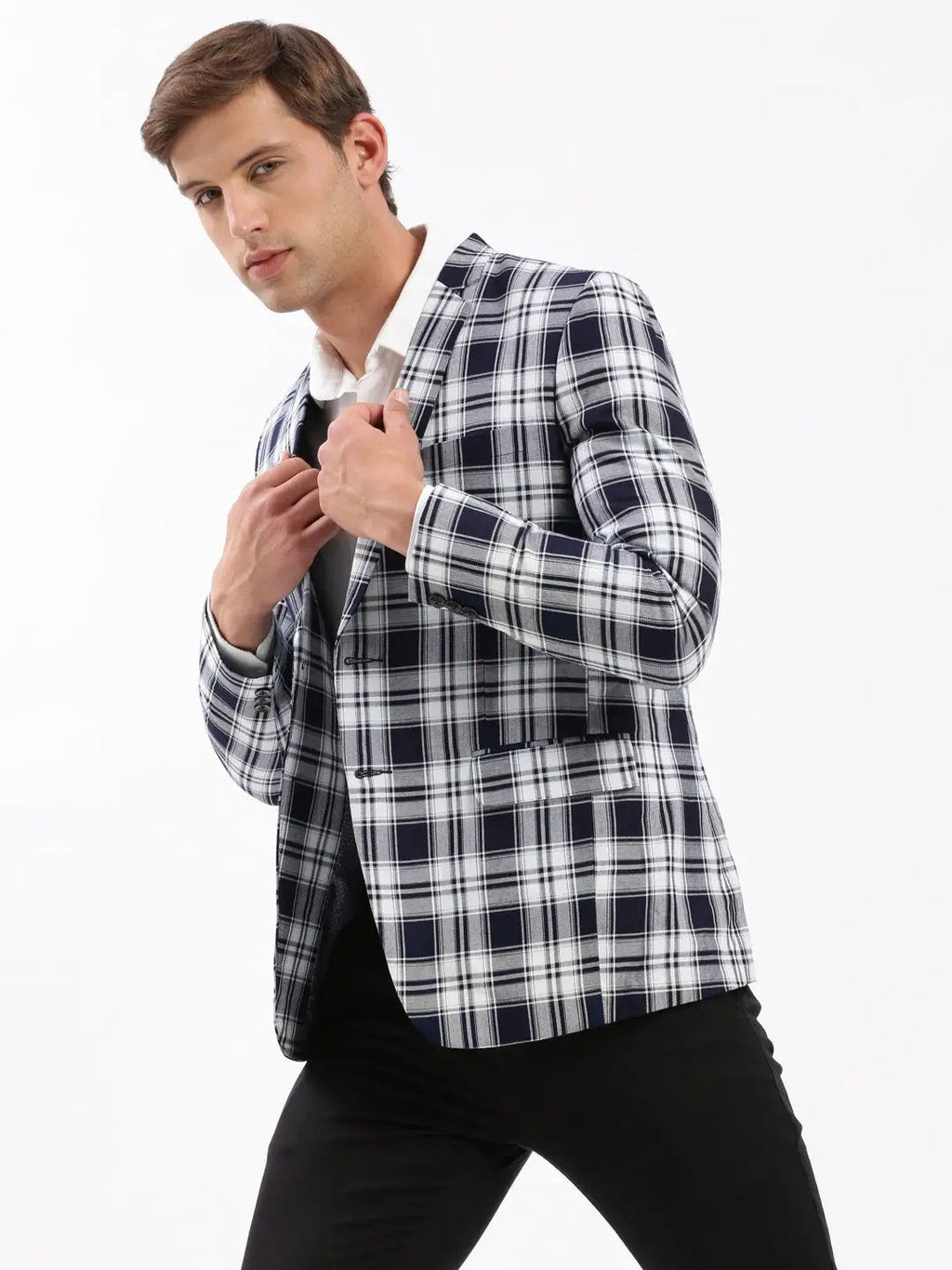 Men's Navy Blue Checked Slim-Fit Single-Breasted Casual Blazer