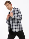 Men's Navy Blue Checked Slim-Fit Single-Breasted Casual Blazer
