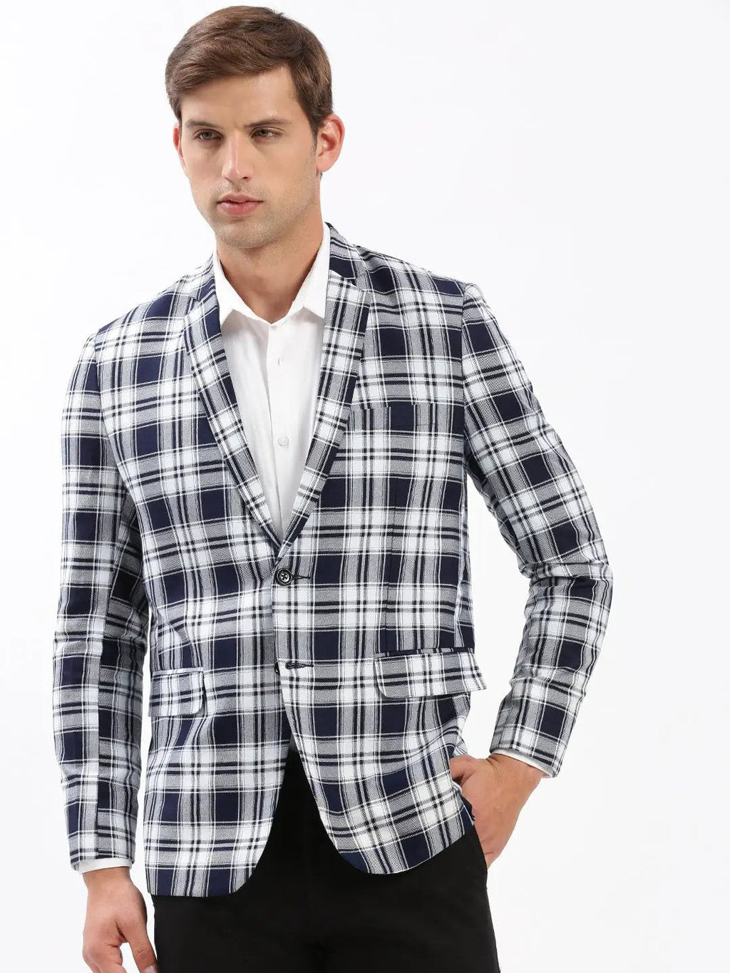 Men's Navy Blue Checked Slim-Fit Single-Breasted Casual Blazer