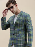 Men's Green Checked Notched Lapel Slim-Fit Single-Breasted Blazer