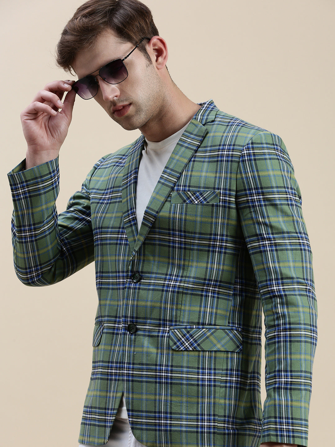 Men's Green Checked Notched Lapel Slim-Fit Single-Breasted Blazer