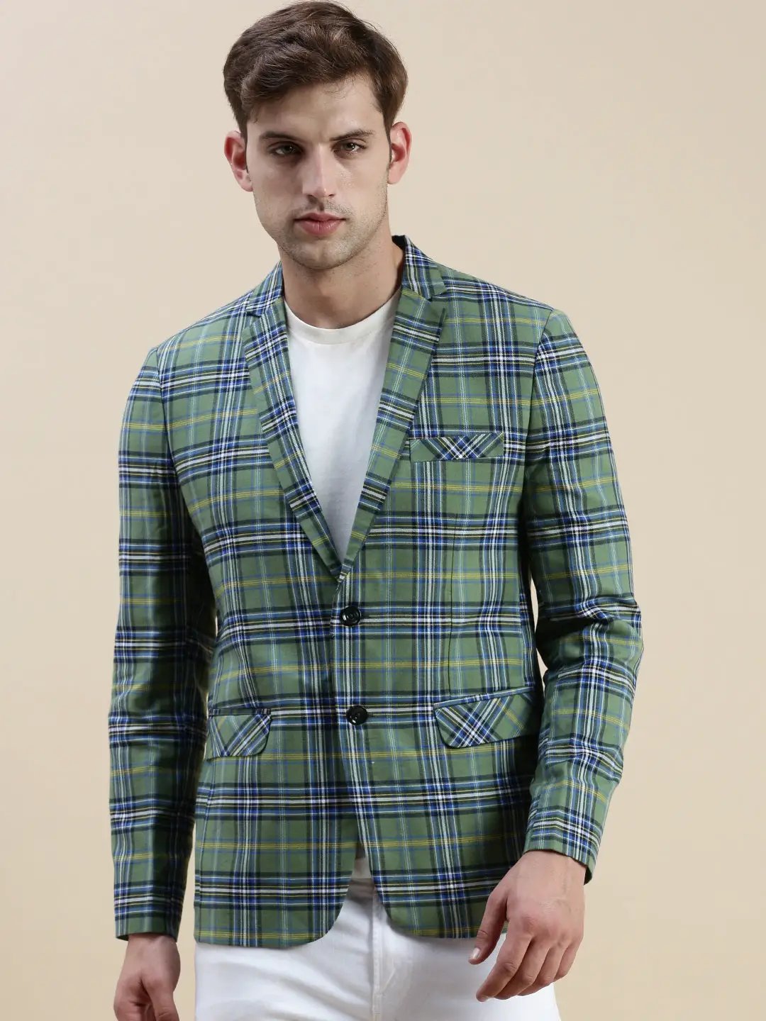 Men's Green Checked Notched Lapel Slim-Fit Single-Breasted Blazer