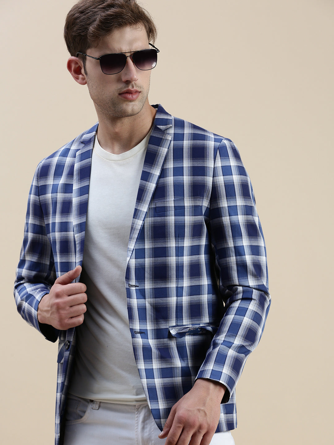 Men's Blue Checked Slim-Fit Single-Breasted Blazer