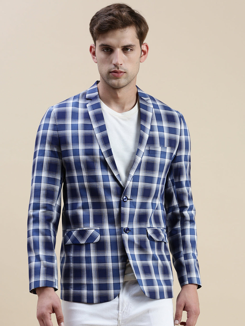 Men's Blue Checked Slim-Fit Single-Breasted Blazer