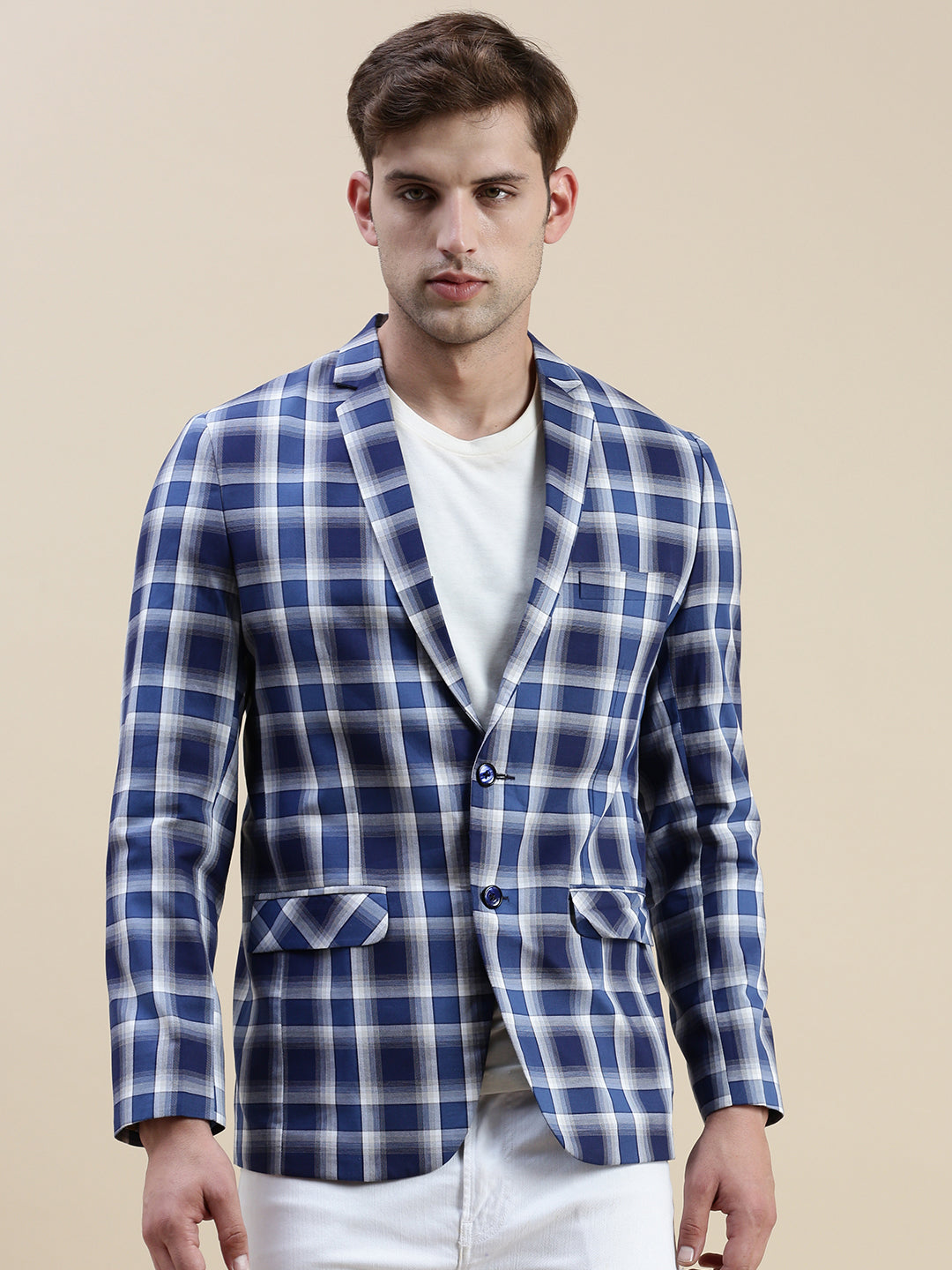 Men's Blue Checked Slim-Fit Single-Breasted Blazer