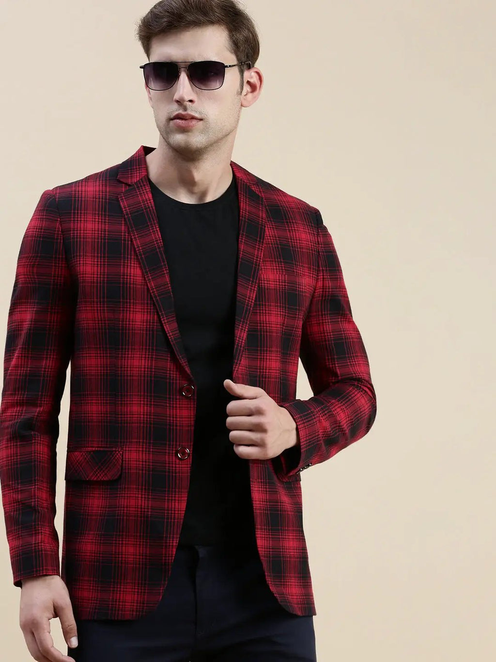 Men's Red Checked Single-Breasted Slim-Fit Blazer